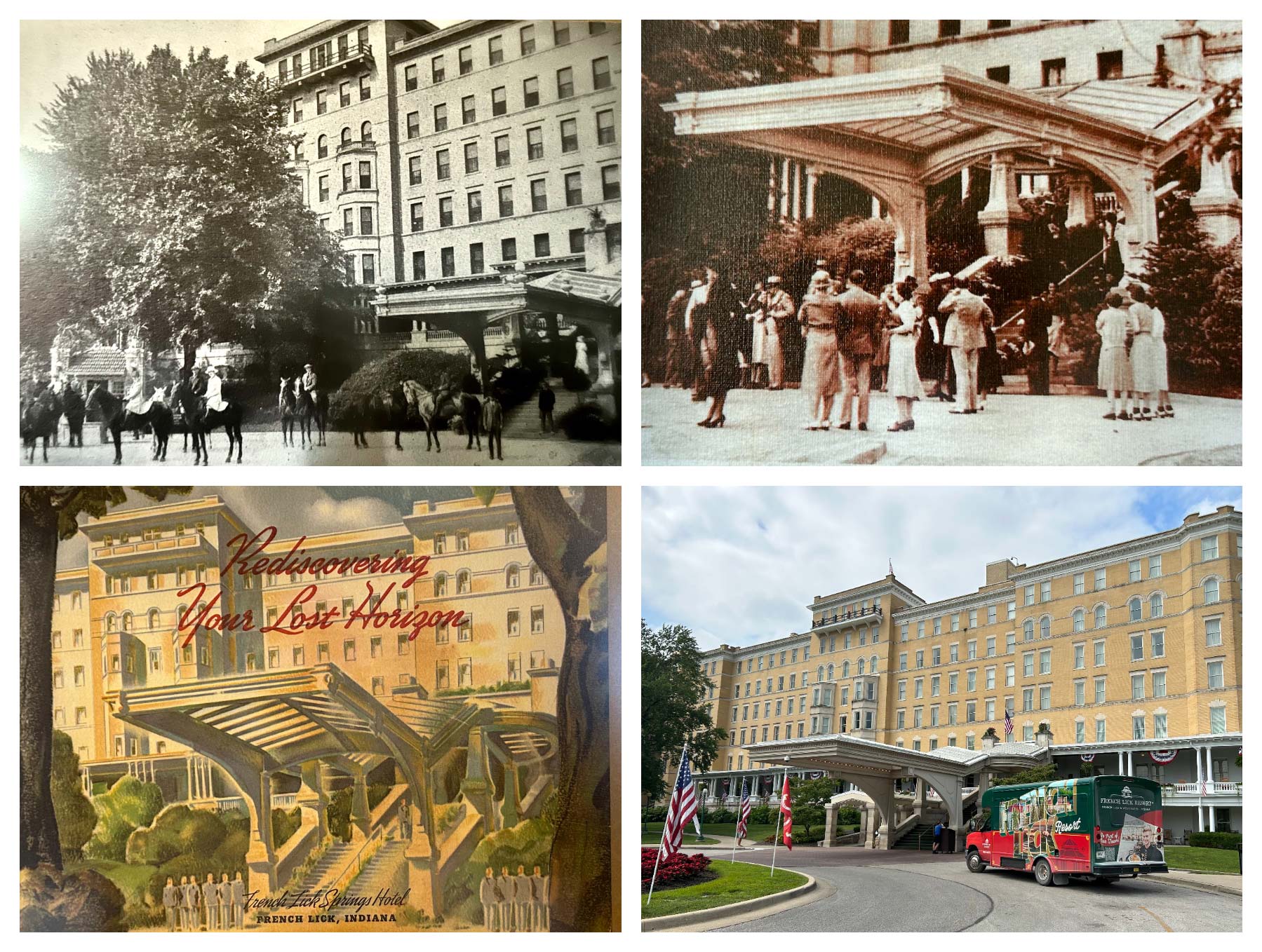 11.-FLH-History A collage of four historical photos of French Lick Springs Hotel