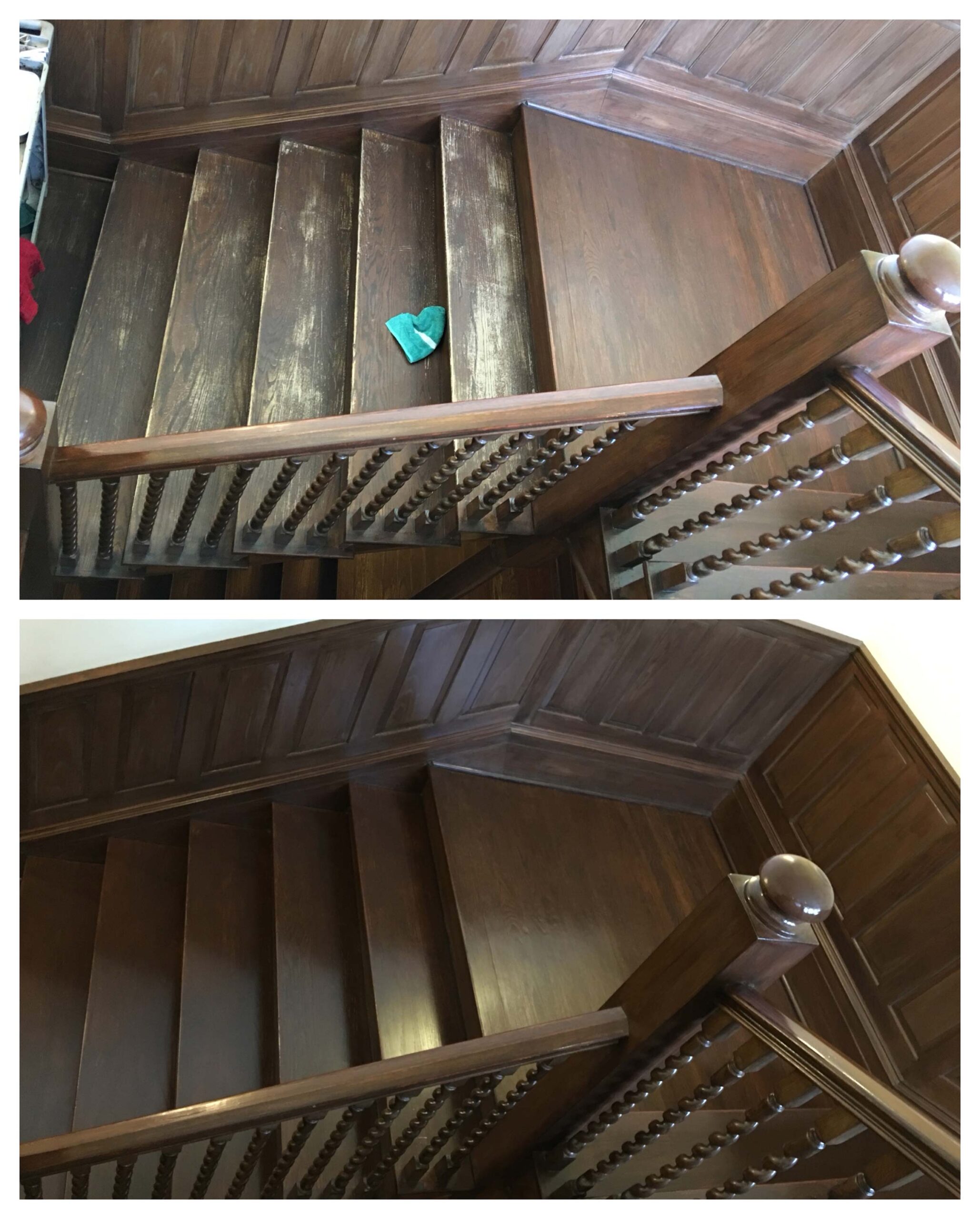 A staircase before and after refinishing